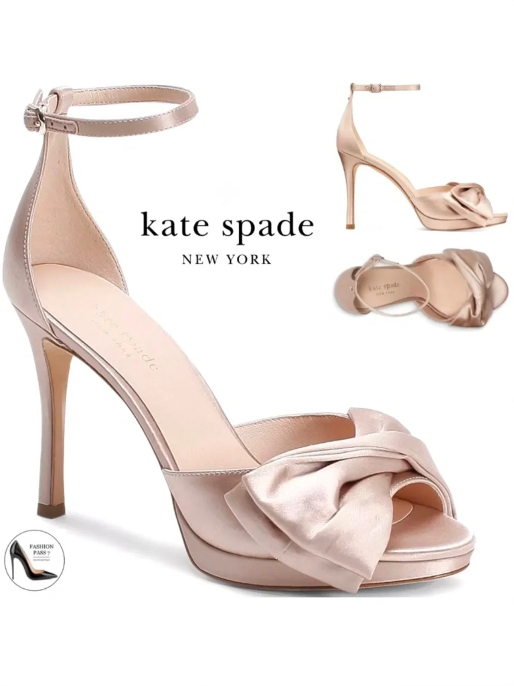 Kate Spade Bridal Bow Champagne Satin Platform Sandal Stiletto Heel Evening pump